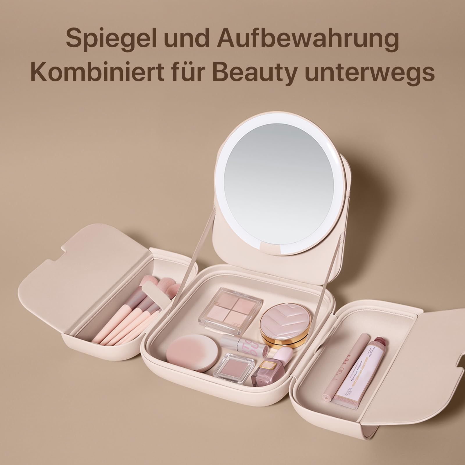 AMIRO M2 LumoCube Make-up-Spiegel mit Tasche, tragbarer LED-Make-up-Spiegel mit Lichtern, 5-stufige Helligkeit, 3-farbige Lichter, Reise-Make-up-Organizer, Rosa