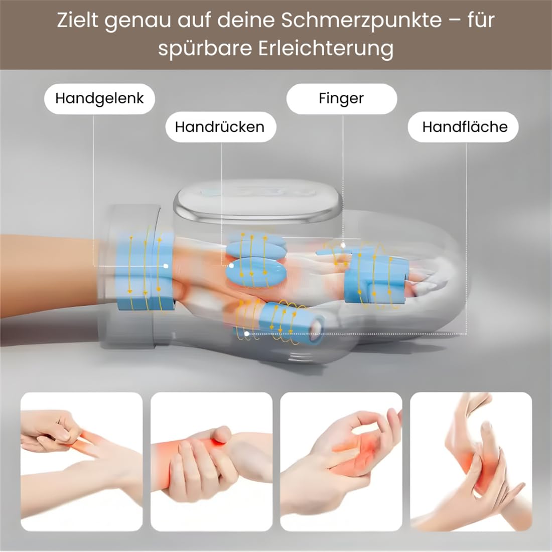 Kabelloses Handmassagegerät mit Wärme & Kompression – 5 Intensitätsstufen, ergonomisch, gegen Arthrose, Karpaltunnelsyndrom & steife Finger