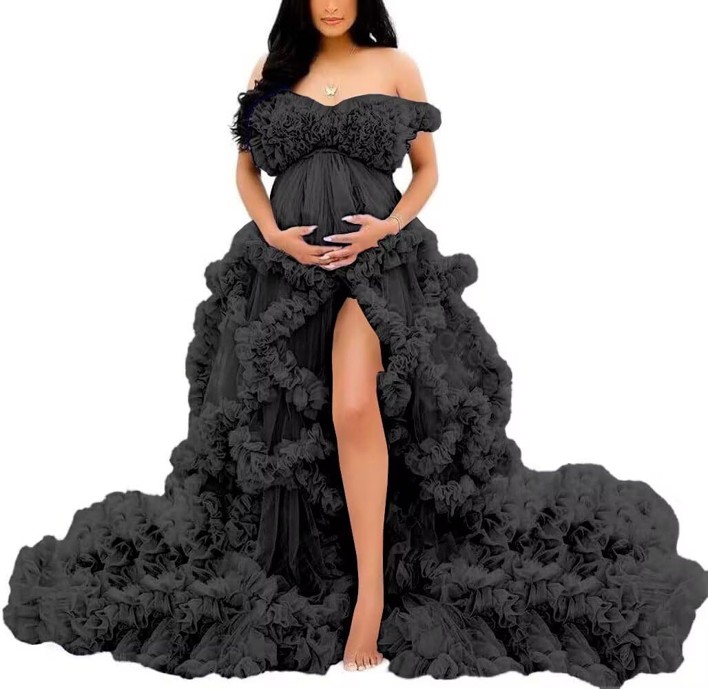 Off Shoulder Maternity Dresses Long Robe for Photoshoot Tulle Ruffles Pregnancy Gown for Baby Shower
