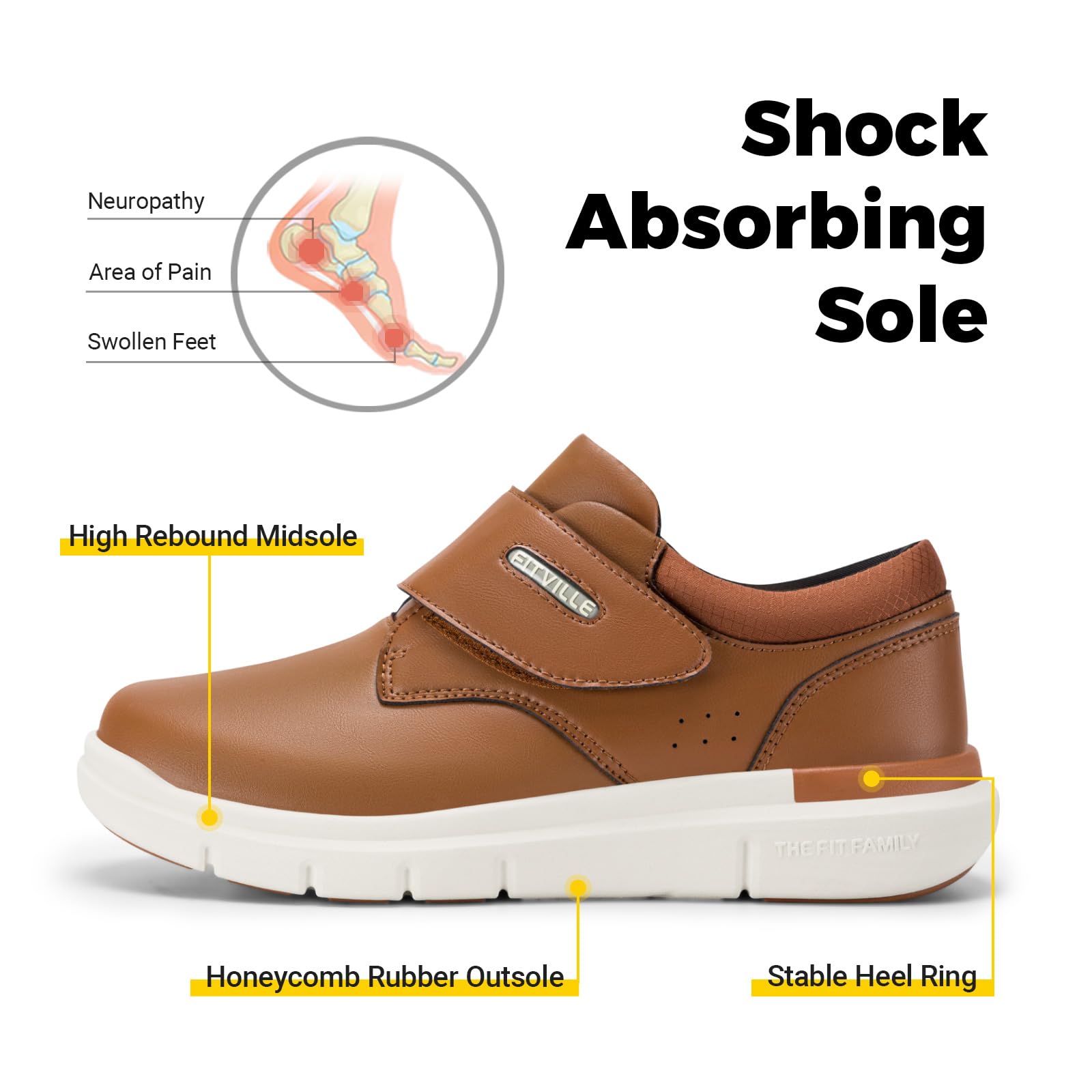FitVille Scarpe Uomo Pelle per Diabetici Extra Larghe Scarpe Ortopediche Uomo per Piedi Gonfi Scarpe con Strappo Regolabile Allevia Dolore ai Piedi