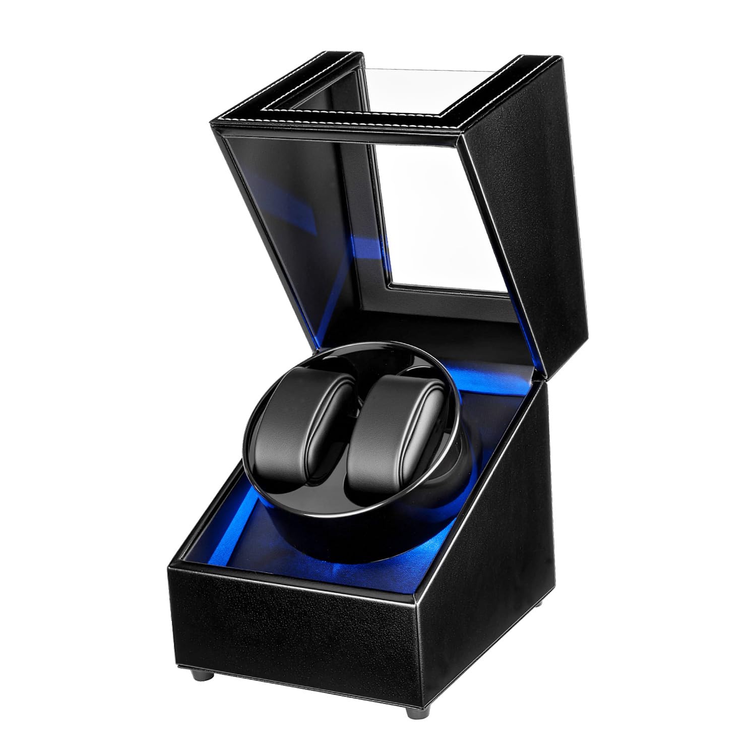 Caja automática doble para reloj, para 2 Relojes, Con LED azul, Caja enrolladora automática para Relojes, Vitrina acrílica de Cuero - Negro