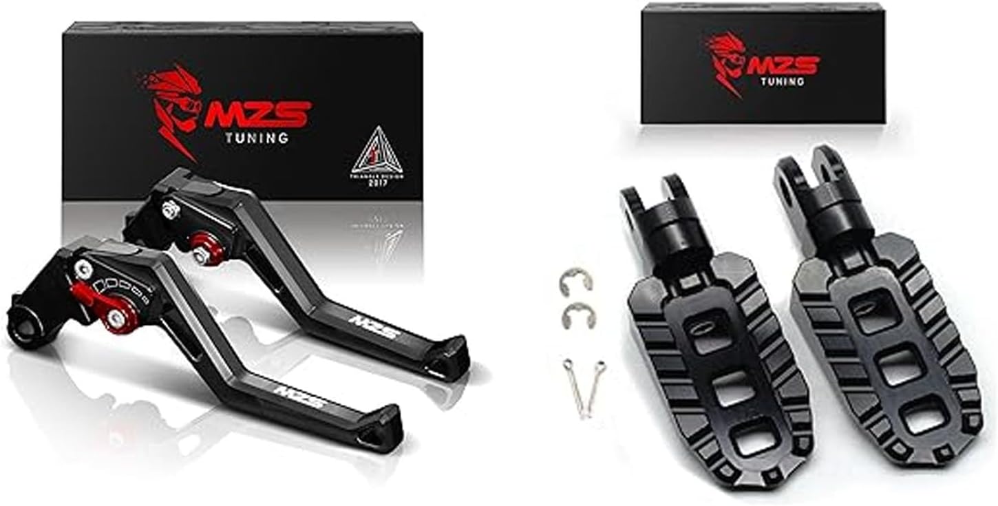 MZS Black Motorcycle Clutch Brake Levers Short Adjustable + Motorcycle Foot Pegs, Front Adventure Bike Footpeg Compatible with V-Strom 650 DL650