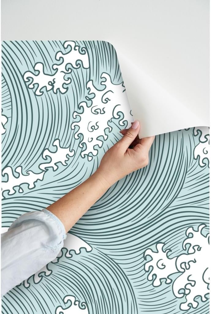 Peel & Stick Wallpaper 3ft x 2ft - Japanese Waves Color Pine Mint Custom Removable Wallpaper by Spoonflower