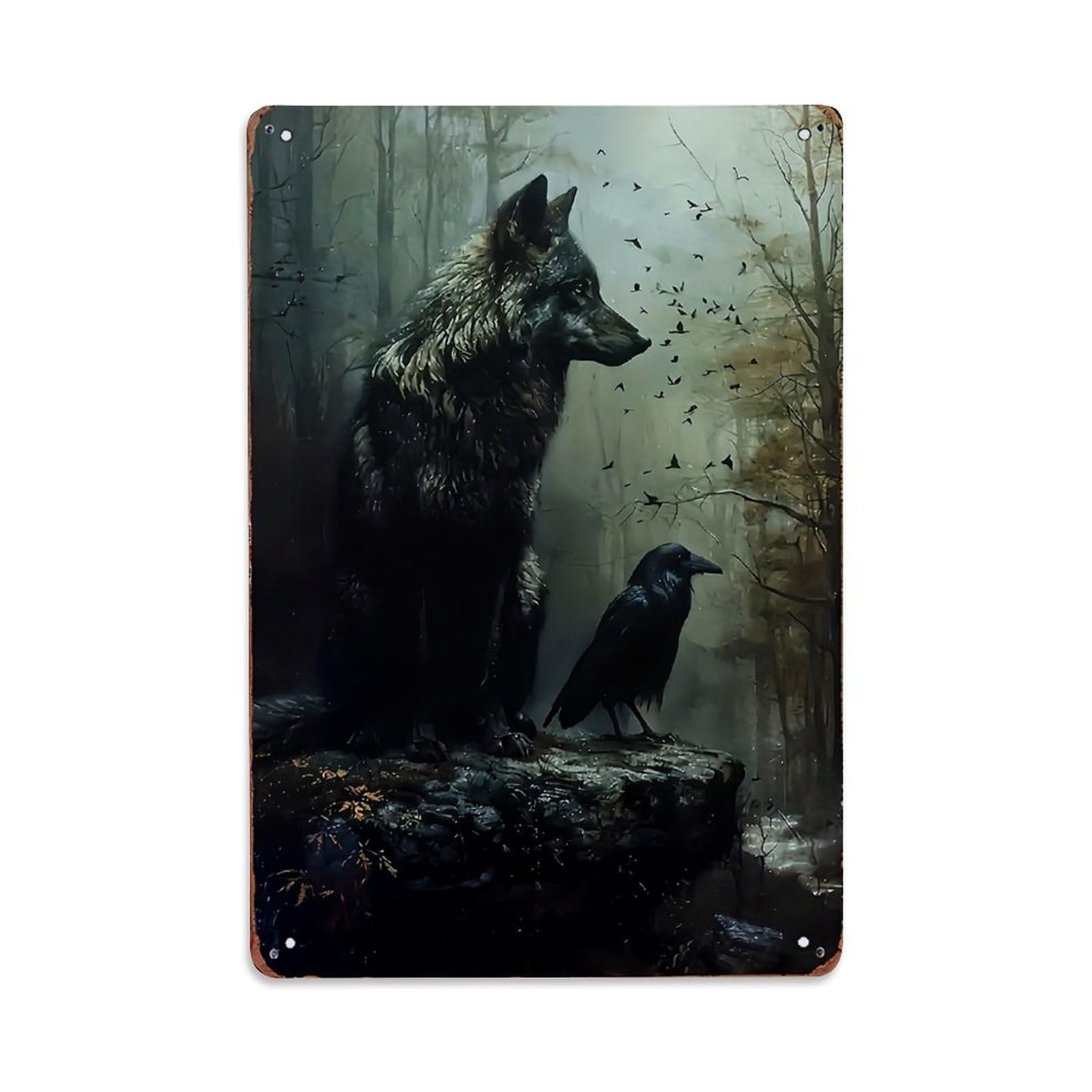 Jdyaojiesheng Vintage Wolf And Raven Forest Scene Tin Sign Retro Metal Wall Decor Metal Poster, Home Bar Garage Farmhouse Cafe Wall Art Decoration 8X12inches