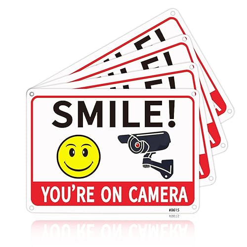 Paquete de 4 letreros de cámara Smile Your on Camera para seguridad del hogar letreros de videovigilancia al aire libre aluminio de 7 x 10 pulgadas