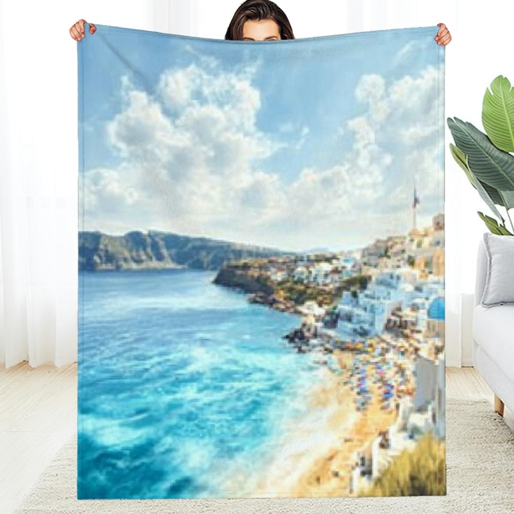 Couverture en flanelle paysage urbain et plage pour canapé et lit