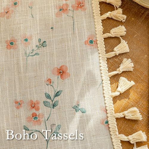 Image of MYSKY HOME Pink Floral Linen Semi Sheer Farmhouse Curtains 96 Inches Long 2 Panels Set for Living Room Patterned Boho Flower Drapes Girls Bedroom with Tassels Back Tab Window Treatments, 50 inch Wide