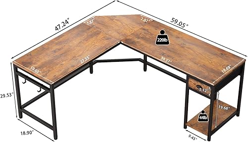 Miniatura 3 de Furologee L Shaped Computer Desk and Printer Stand, 59" Large Corner Desk, Mobile 3 Tier Printer Table with Wheels and 2 Hooks, Under Desk Printer