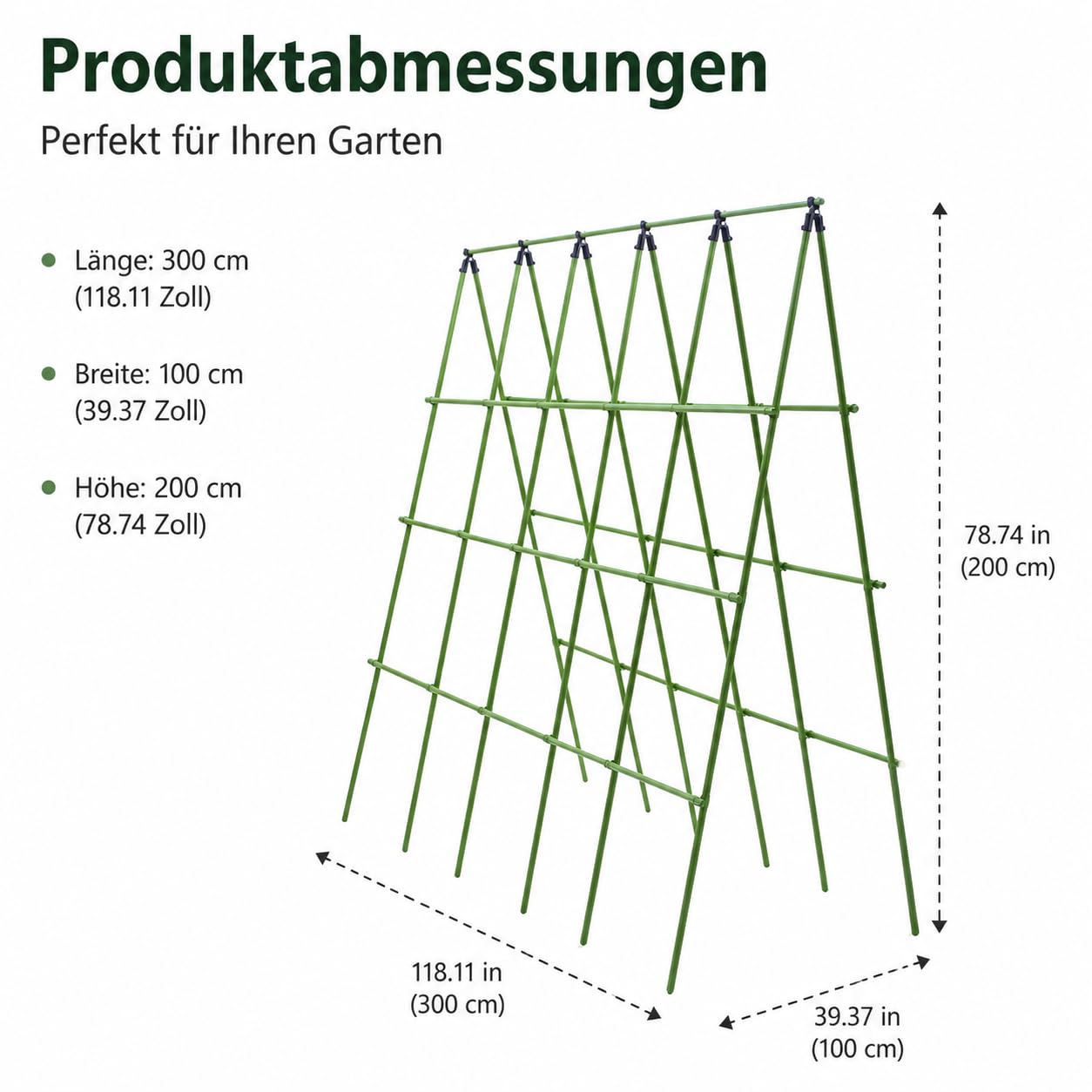 Rankhilfe 300cm, 10er Set Pflanzenstütze 25mm aus beschichtetem Metall, für Kletterpflanzen Gurken Bohnen, grüne Pflanzstäbe mit Bindern, 20mm Durchmesser, 90cm Länge