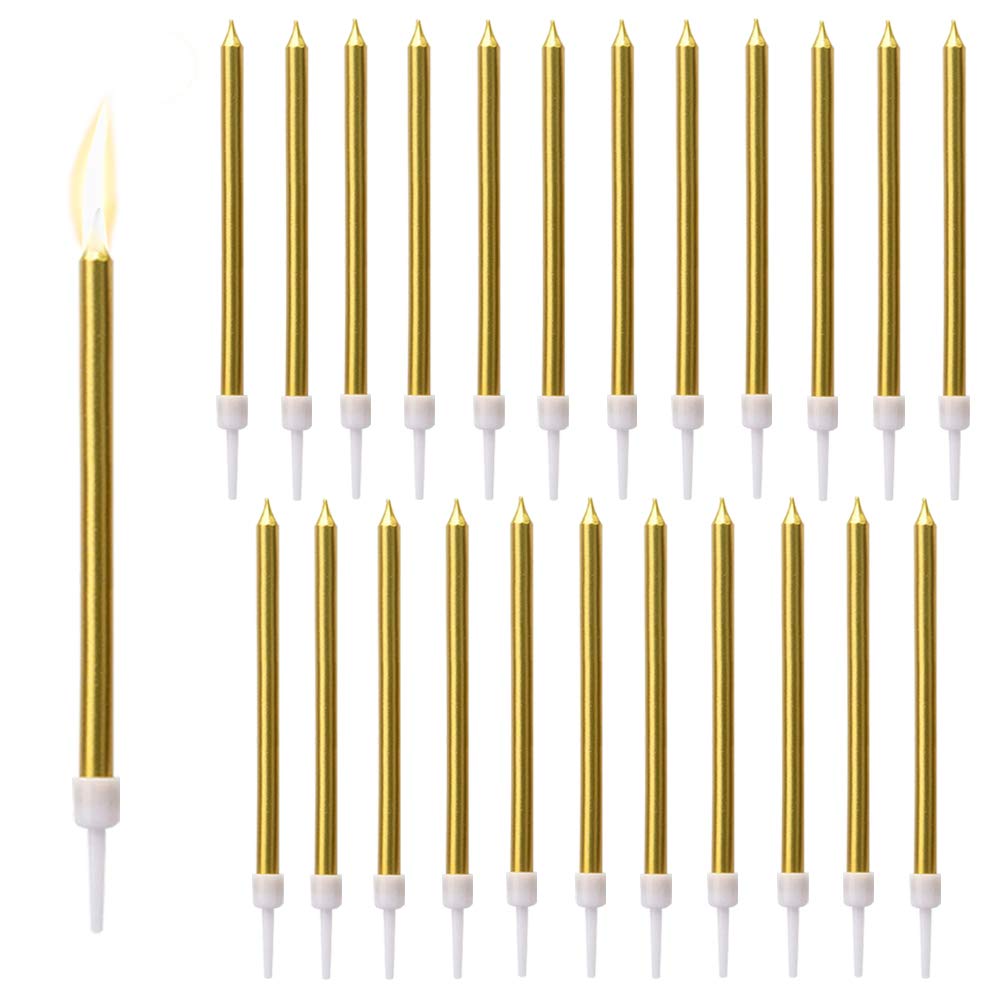 24 Pezzi Candele di Compleanno Lunghe,Candele di Compleanno Metalliche,Sottile Candele Oro con Supporti per La Decorazione Della Torta Della Festa Nuziale di Compleanno (Oro