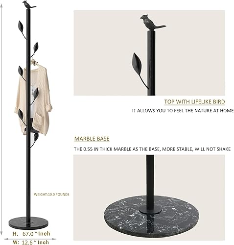 Miniatura 6 de Perchero de metal independiente con 6 ganchos, parte superior con pájaro, base de mármol para abrigos, sombreros, bolsos, bolsos, entrada, pasillo,