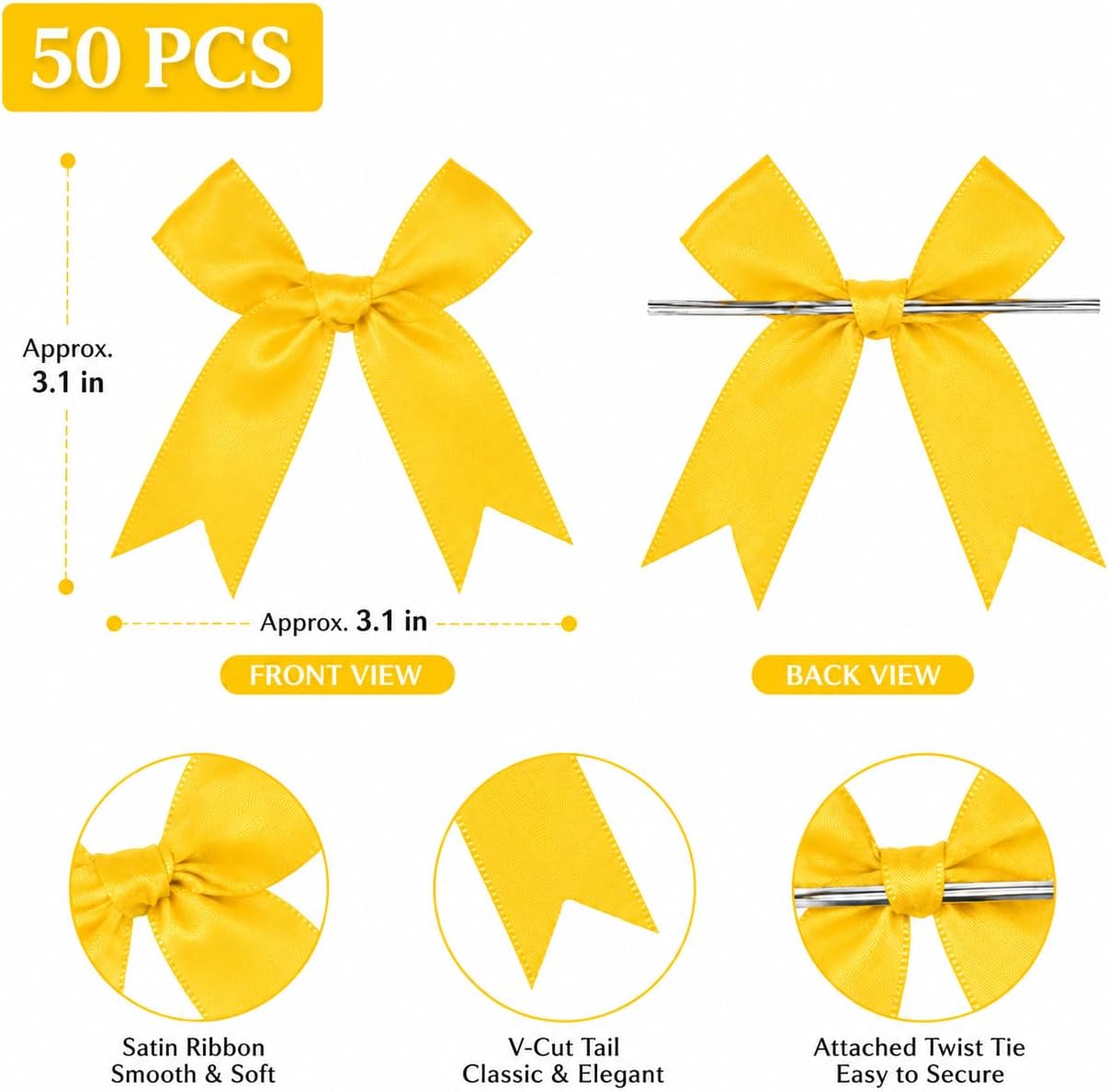 50 Pcs Twist Tie Bows for Treat Bags and Gift Wrapping, Yellow image 3
