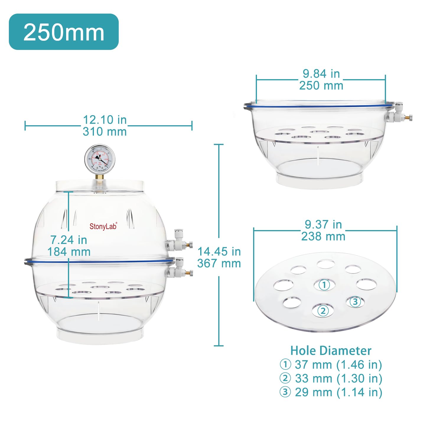 stonylab Dessiccateur à Vide en PC, Matériau Épaissi pour Durabilité Accrue, Joint en Silicone Fiable, Système à Double Valve, Équipé d'un Manomètre, Diamètre de 250 mm, pour Usage en Laboratoire