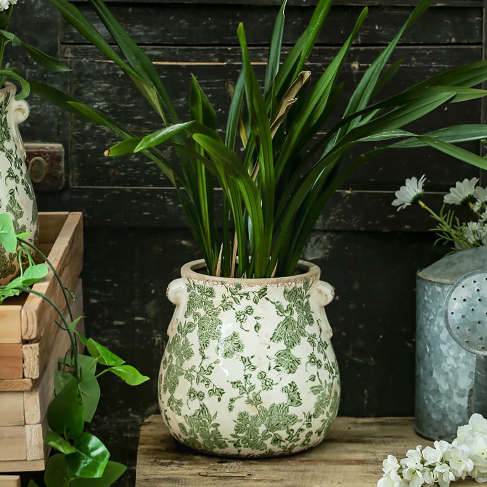 Große grüne keramische Töpfe für Pflanzen, Vintage-Pflanztopf für Zimmerpflanzen, Blumentopf mit Rissglasur-Finish, rustikaler toskanischer Keramiktopf für die Gartenarbeit,M,with Hole