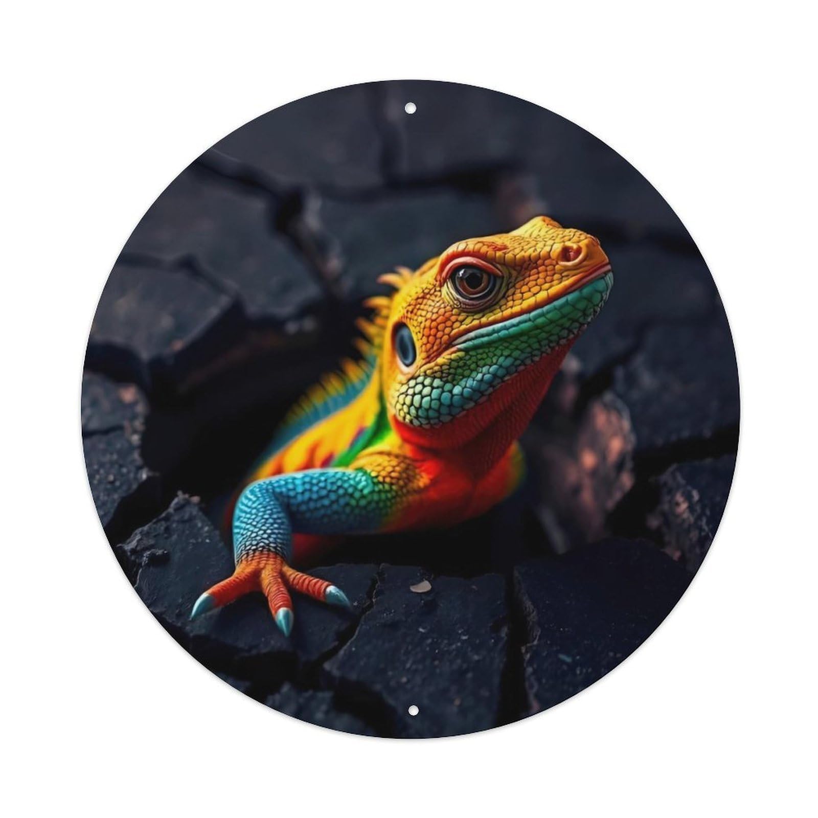 Animal Vibrant Reptile Emerging from Volcanic Rock Crack Wildlife Photography Vintage Metal Tin Sign Plaque Wall Decor for Cafe, Club Bar, Office, Garden Metal Poster 8x8Inch