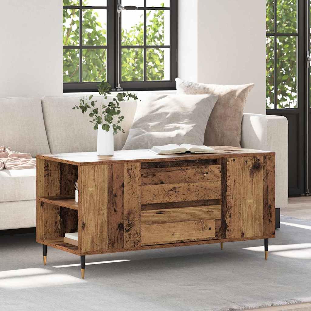 Mesa de centro de madera vieja 102 x 44,5 x 50 cm de material de madera con cajón y estante, diseño moderno para salón, resistente y ahorra espacio, para sofá y balcón