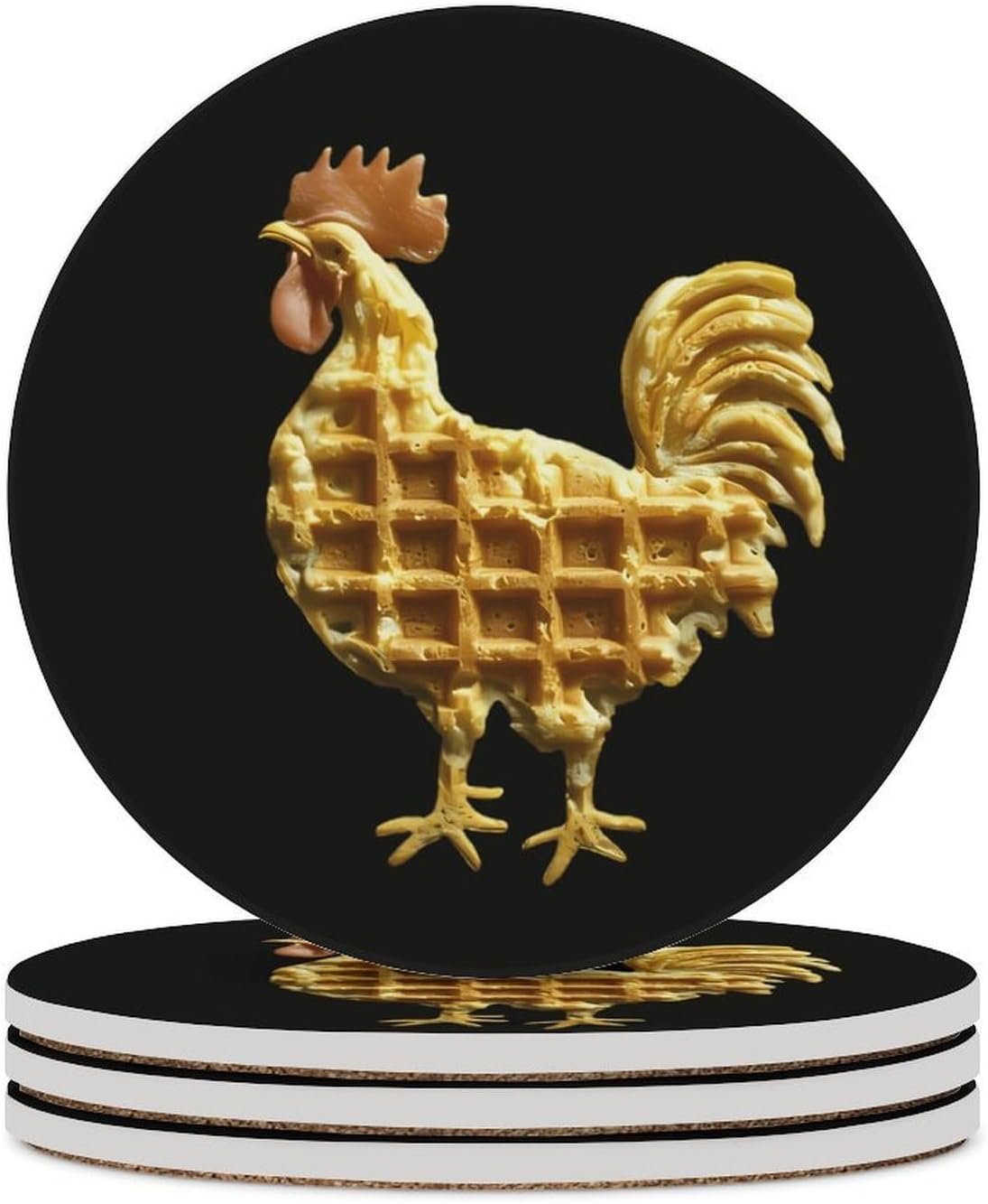 Waffle1 Rooster Round Ceramic Coasters Print Drinks Absorbent with Cork Base for Home Decor Gifts 4 Inch