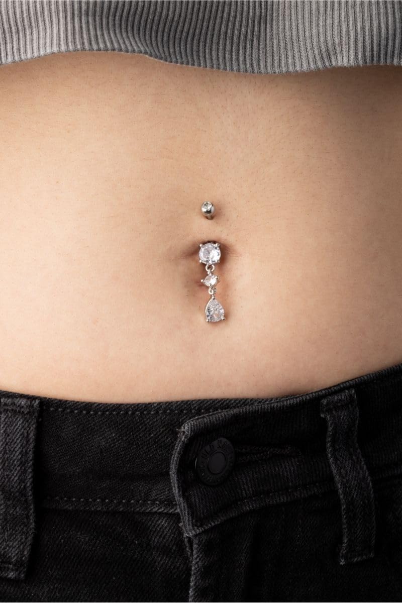 Pierced Owl 14GA 316L Stainless Steel CZ Crystal Tear Drop Dangling Belly Button Ring