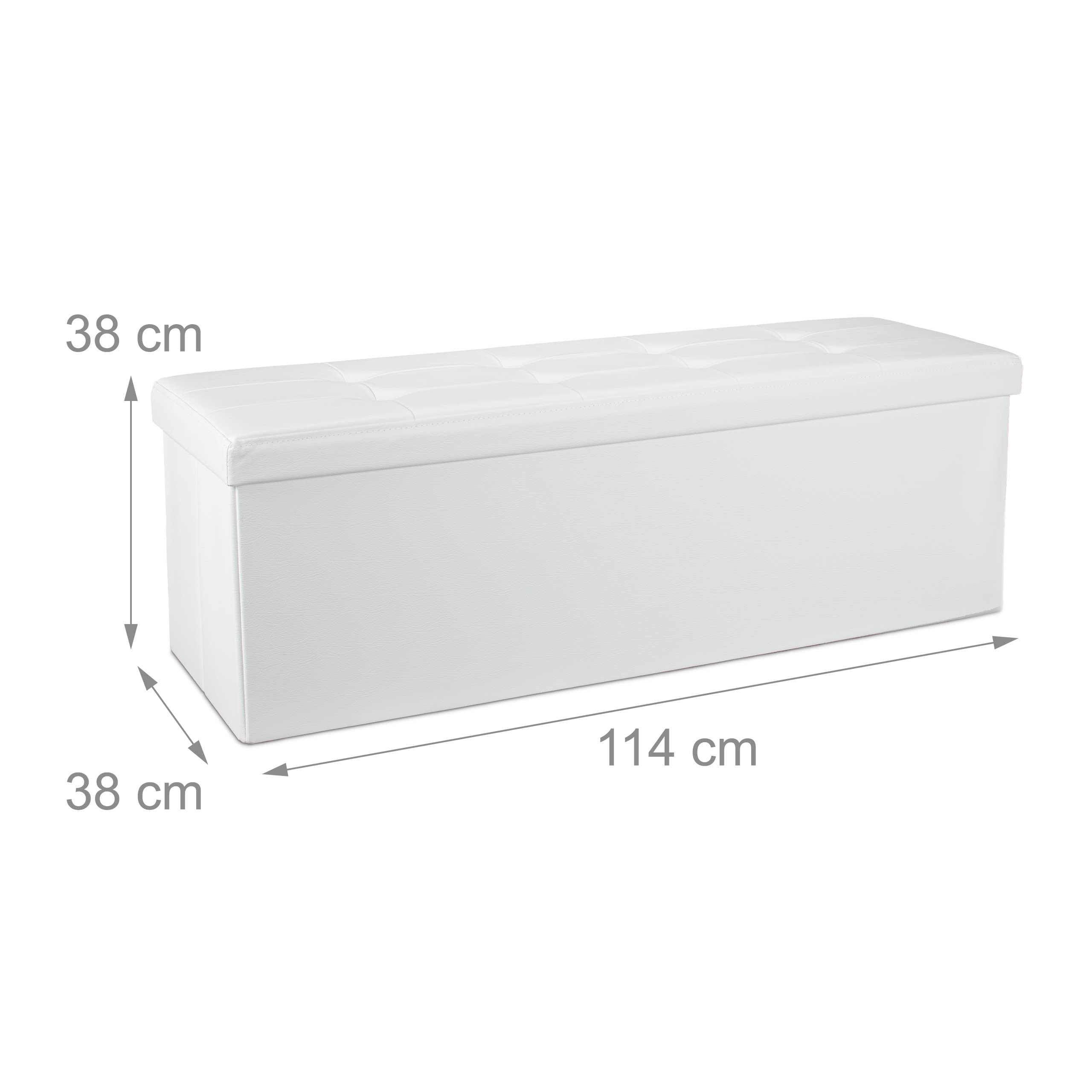Relaxdays Faltbare Sitzbank HxBxT 38 x 114 x 38 cm, XL Kunstleder Sitztruhe, Aufbewahrungsbox mit Stauraum, weiß