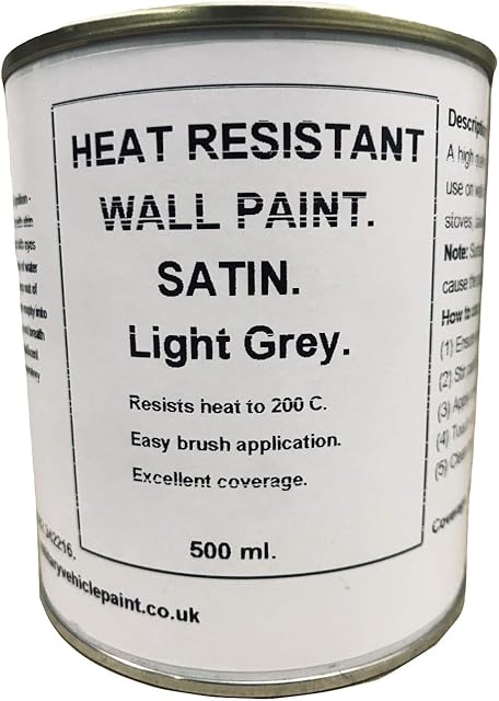 1 x 500ml Satin Light Grey Heat Resistant Wall Paint. Wood Burner Stove Alcove. Brick, concrete, plaster, cement board, rendering, metal, timber etc.