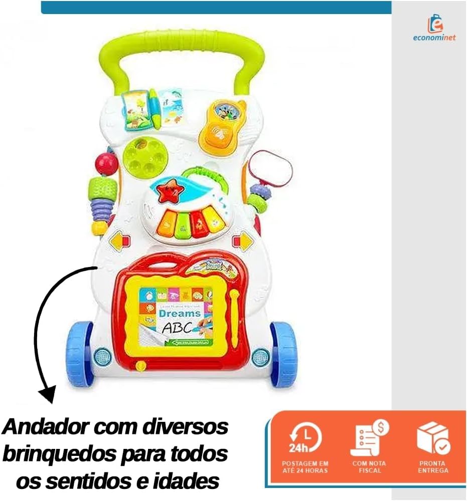 Andador Didático Educativo Baby Style Bebê Infantil Centro de Atividades com Lousa Magnética, Teclado Musical e Brinquedos Interativos – Estimula os Primeiros Passos