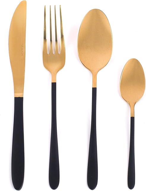 Salter BW07218 NoirGold 16-Piece Black and Gold Cutlery Set, Service for Four, Tableware Set with Forks, Knives, Spoons and Teaspoons, Black Coated Handles, Mirror Finish, Stainless Steel