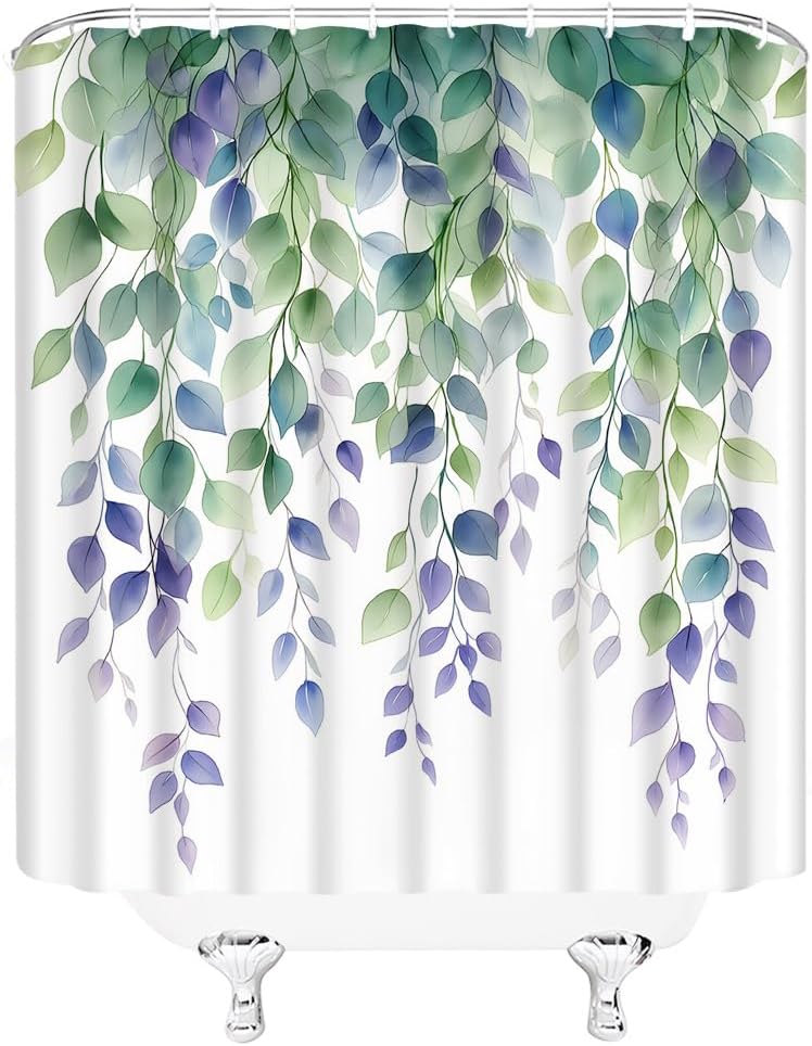 Sage Green Purple Eucalyptus Leaf Shower Curtain Watercolor Vine Leaves on The Top Plant Farmhouse Botanical Rustic Spring Wildflower Fabric Bathroom Decor Curtains with Hooks,70 x 82