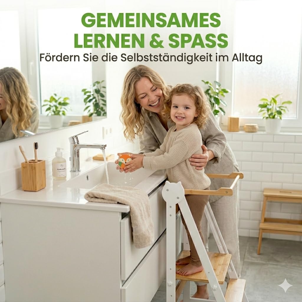 Lernturm Montessori aus Bambus, Klappbar, Tritthocker, Schemel für Kinder | Platzsparend, Höhenverstellbar, Kippschutz & Anti-Rutsch-Trittfläche, Für Kinder ab 1 Jahr