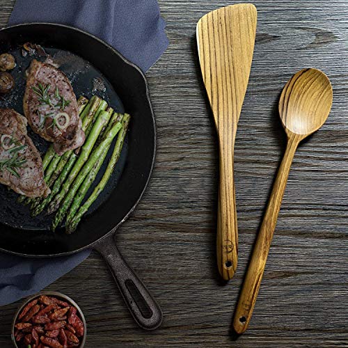 Faay 12.5 Inch Wood Utensil Set (2 Pcs), Teak Wooden Spatula & Spoon, 100% Natural From High Moist Resistance Teak Wood, Healthy Wooden Spoon Spatula For Non Stick Cookware #TOP1