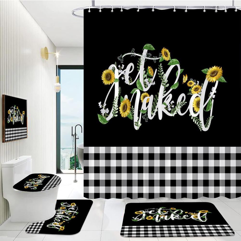 4Pcs Get Naked Shower Curtain Set Sunflower Flower Yellow Floral Plant Funny Quotes Black White Buffalo Check Plaid Bathroom Toilet Lid Cover Non-Slip Rugs 12 Hooks