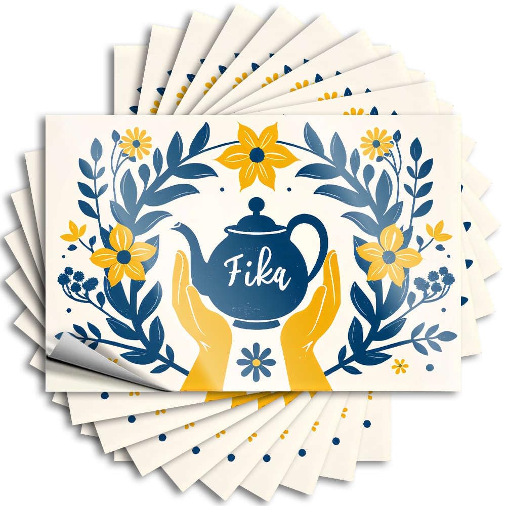 Fzfn Colour Beer Decor Funny Sticker Durable Laptop | Two Hands Holding A Teapot With Fika Written On It, Surrounded By Flowers. Small Self Adhesive Sticker For Military Diy(6X9cm)