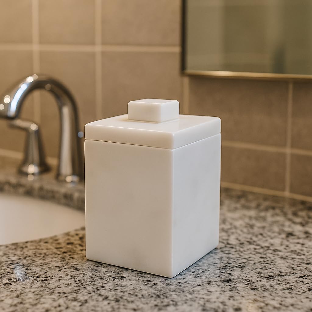 Luxury Natural Marble Cotton Ball Holder Handmade White Taj Mahal Marble Storage Jar for Bathroom Vanity and Living Room Elegant & Moisture Resistant Jewelry and Cotton Swab Organizer