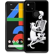 for Google Pixel 4A 5G Case, Black White Skeleton Cat Pattern Graphic Design for Girl Boy Soft Silicone Hard Acrylic Shock Protection Designed for Google Pixel 4A 5G