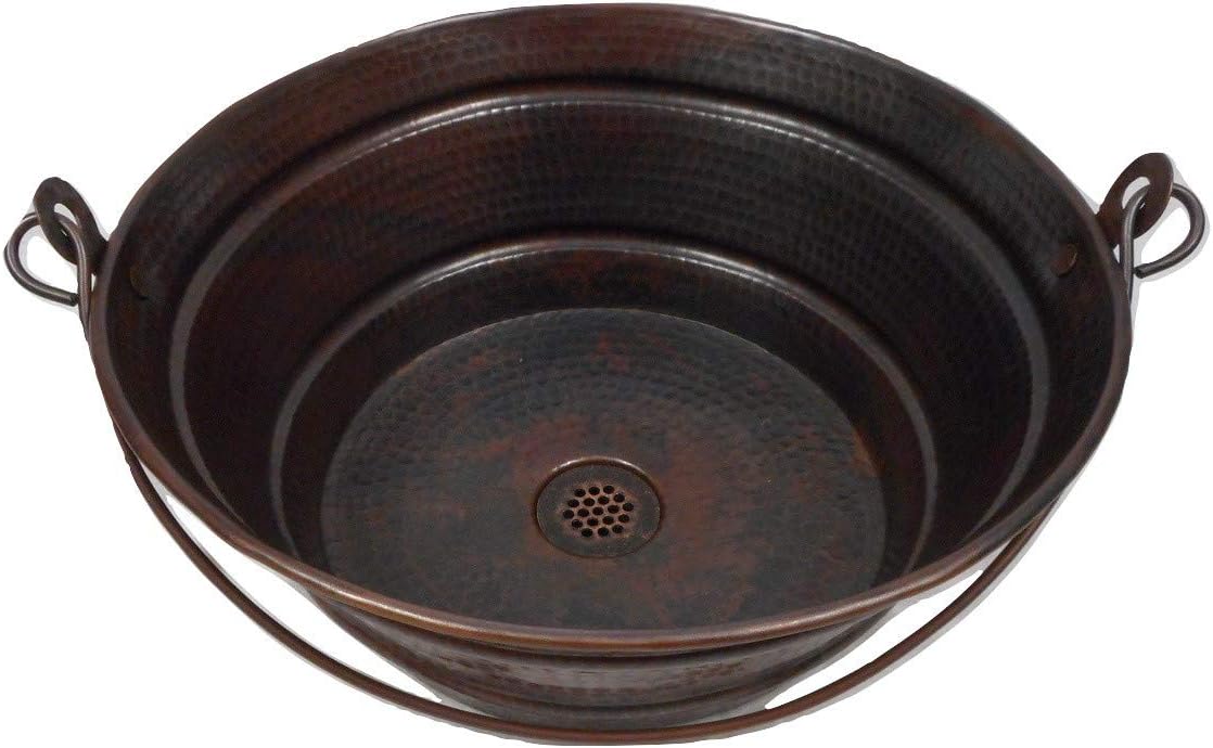 15" Round Hand Forged Copper BUCKET Vessel Sink with 19-Hole Grid Drain