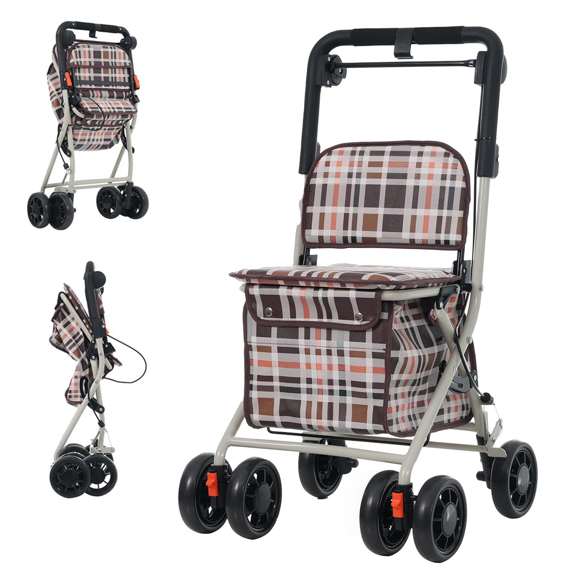【新品】新色 ブラウンチェックシルバーカー 大容量収納&座面付き Amazon | Simpolu シルバーカー 3WAYキャスター 折りたたみ可能 座面