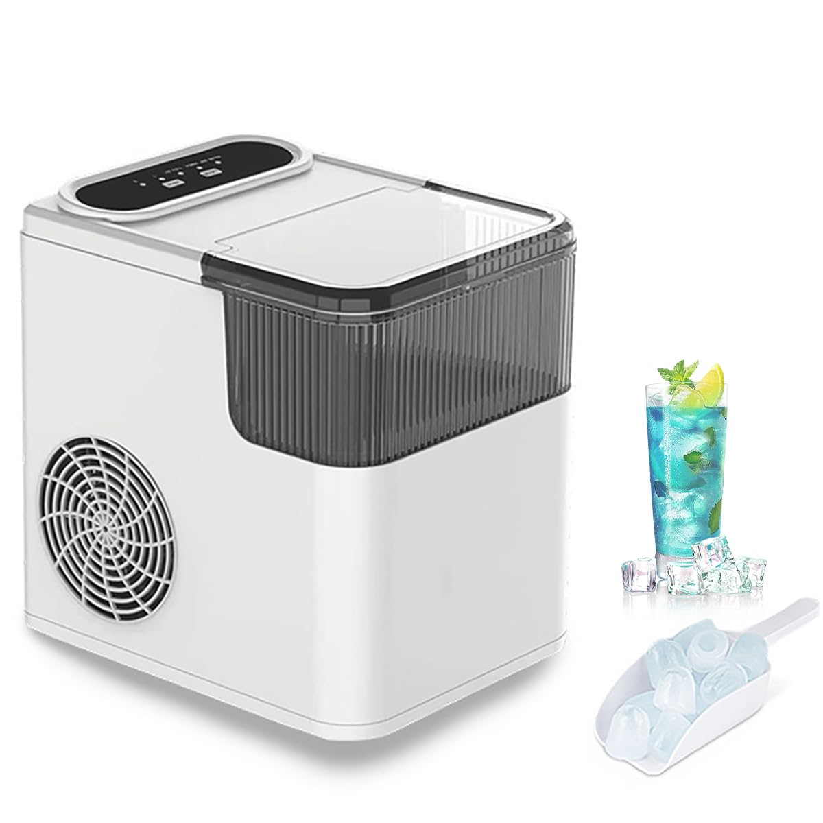 Macchina per Produttore di Ghiaccio, 1,4 Litri di cubo di Ghiaccio Portatile, 12 kg/24h, 9 cubetti di Ghiaccio Proiettile in 6 Minuti, produttori di Ghiaccio autopulibili con Cesto e Scoop White