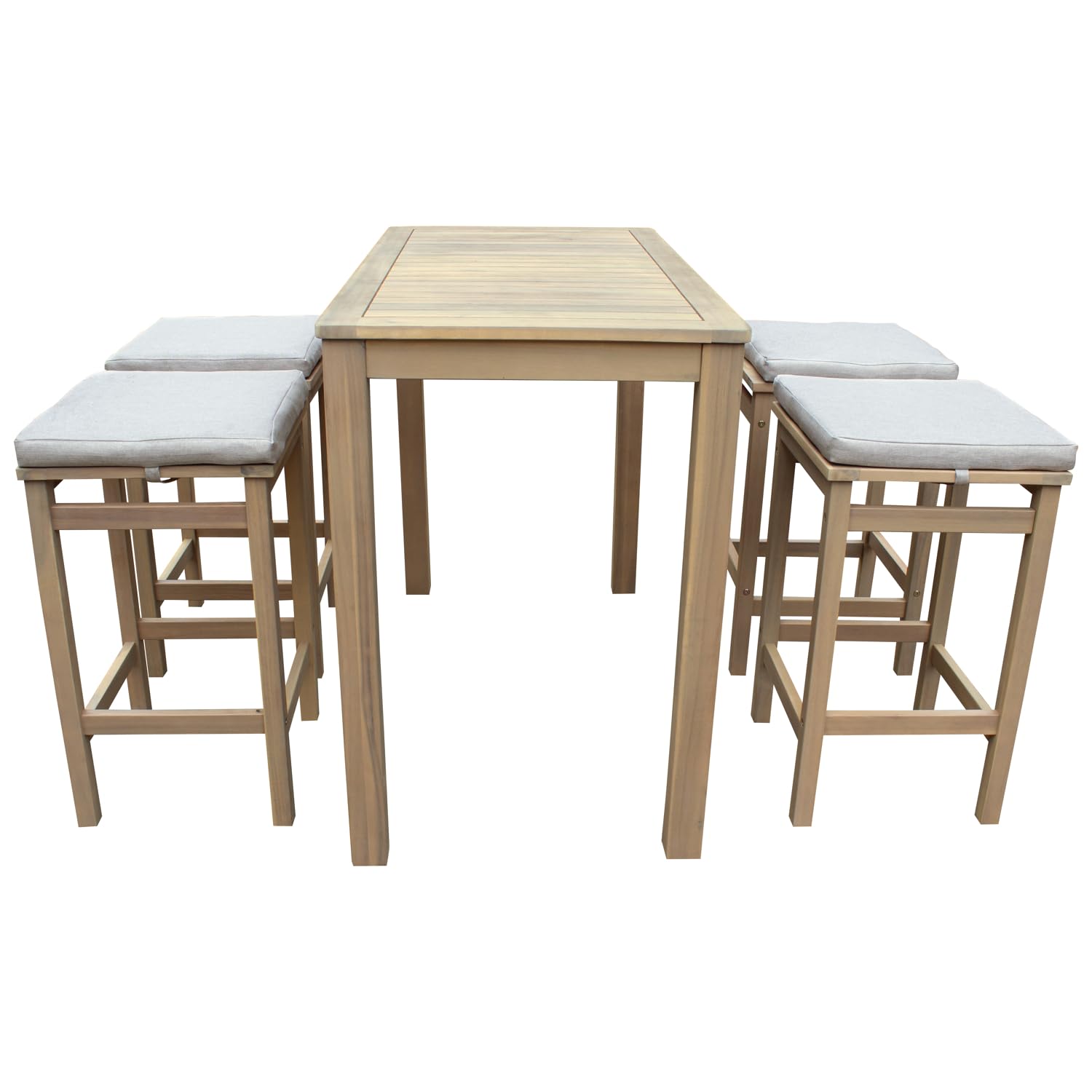 Happy Garden Mange Debout Aruba en Acacia avec Coussins Sable. Table Haute et tabourets d'extérieur pour 4 Personnes.