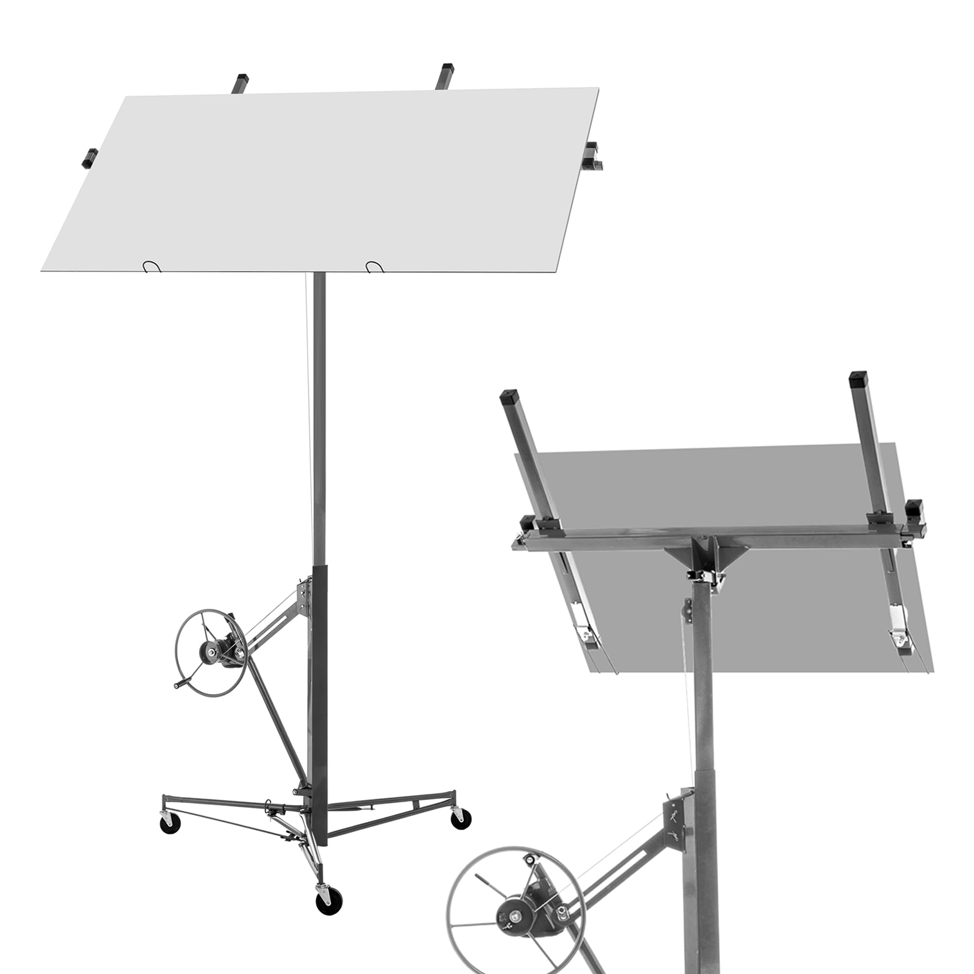 Elevador de Placas Plegable XXL Herramientas, Hasta un Máximo de 68 kg, Anchura Máxima 2,90 m, Altura de Trabajo Regulable de 140 a 350 cm, Herramienta de Elevación con 3 Ruedas, Gris