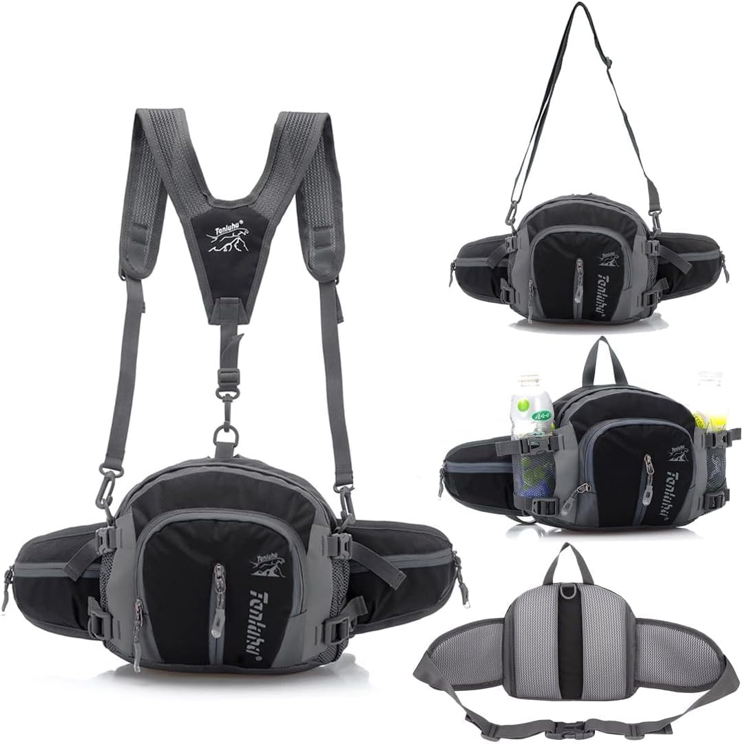 Multifunctional Water Resistant Waist Pack Backpack Daypack with Water Bottle Pockets for Running/Hiking/Cycling/Traveling (Black)