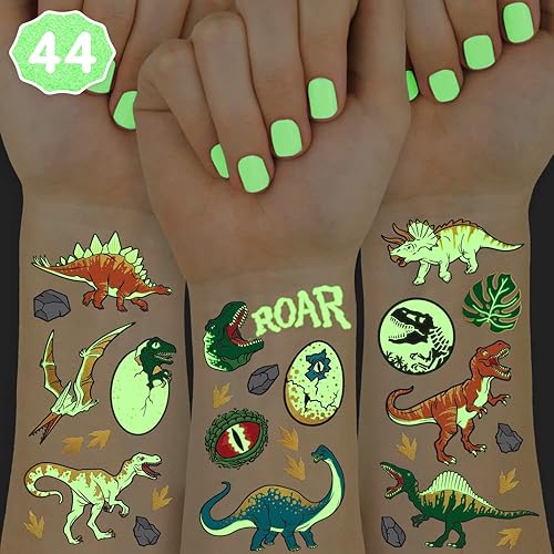 xo, Fetti Tatuajes temporales de dinosaurios para niños – 44 piezas que brillan en la oscuridad | Suministros para fiesta de cumpleaños, recuerdos
