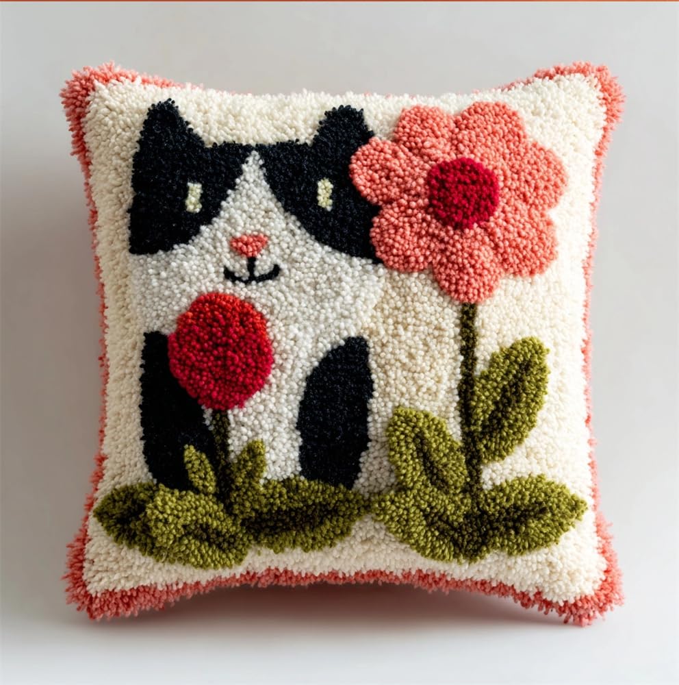 kitphoenix DIY Latch Hook Kits,Cat and Flower 17X17Inch Needlepoint Pillow Kit, Half Cross Stitch Kit, Embroidery Kit, Latch Hook Cushion Cover Hobby & Crafts
