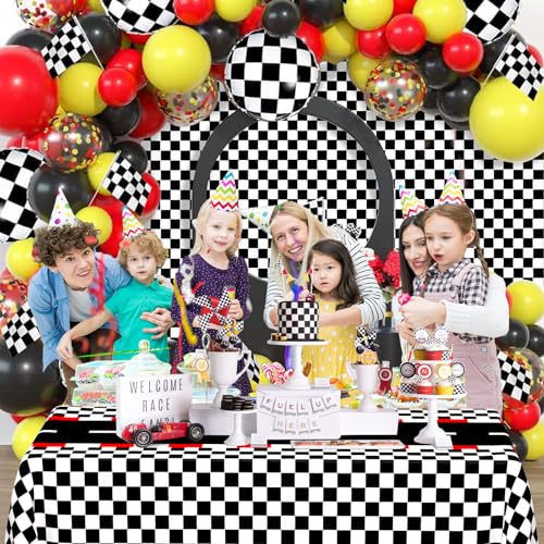 Image of WNINK 3 PCS Racing Car Theme Tablecloths Car Disposable Plastic Tablecloths Black Checkered Flag Table Covers Racetrack Rectangular Tablecloth for Race Car Birthday Party Decorations, 54 x 108 Inch