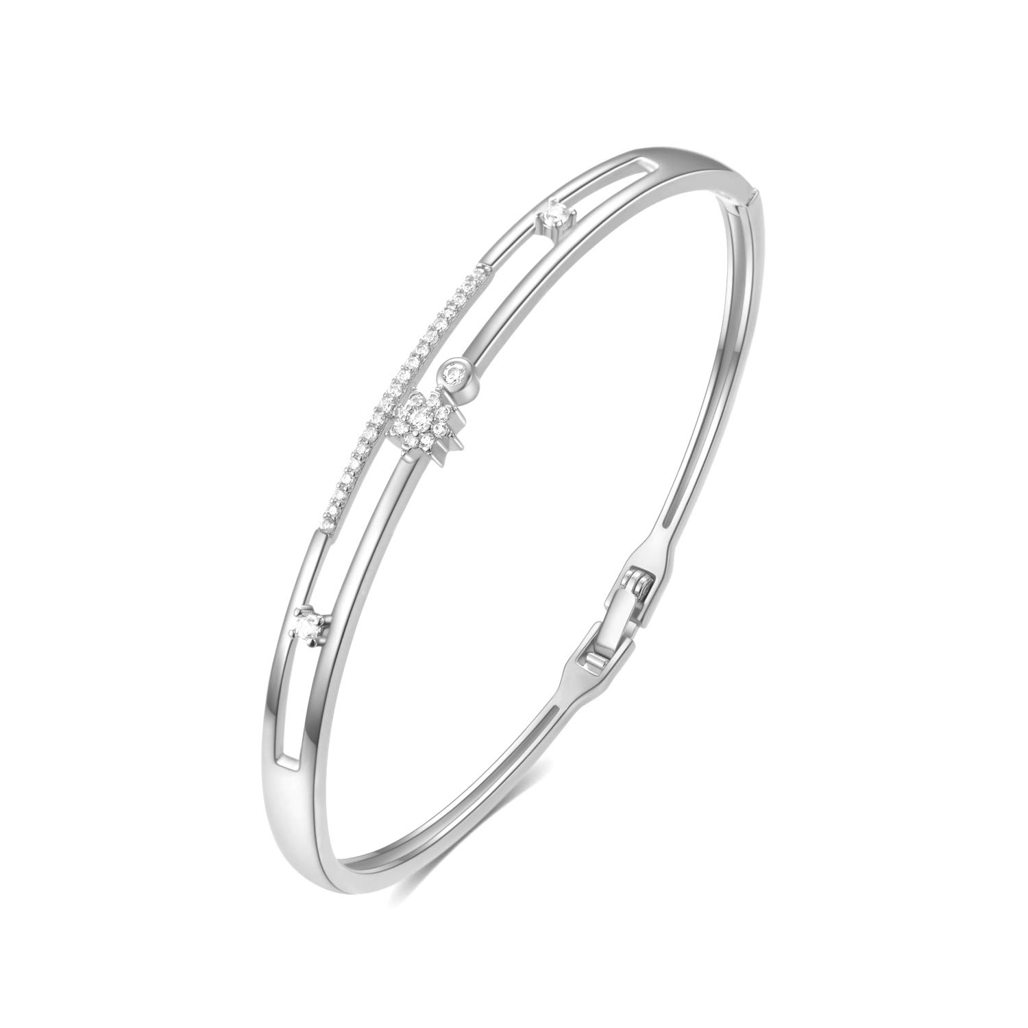 E Bangle Bracelet for Women, Hand-Inlaid CZ Cubic Zirconia Rohdium Plated, Size 7 inchs