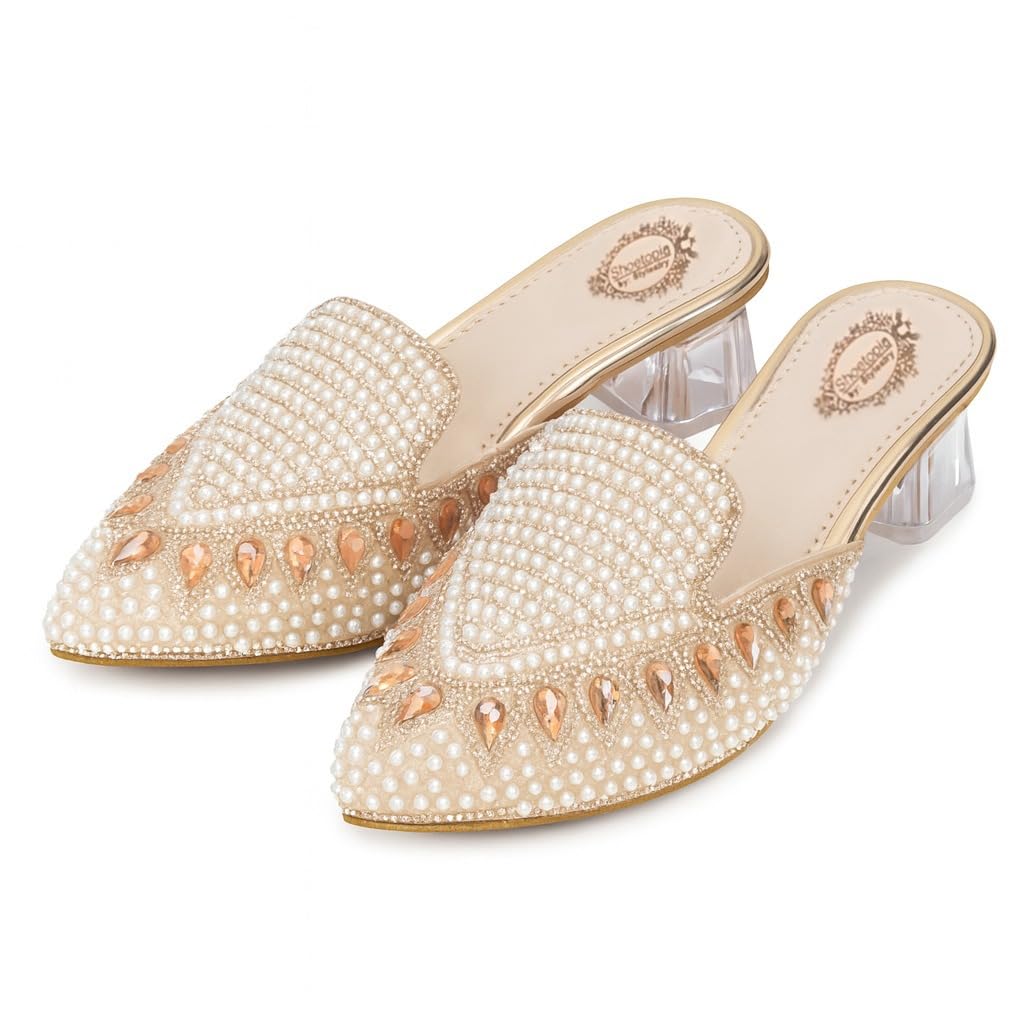 Women’s Pearl Embellished Mules | Trendy Ethnic Slip-On Heels | Comfortable Festive & Party Footwear