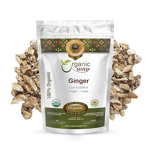 Organic Way Premium Dried Ginger Root Cut & Sifted (Zingiber officinale) - Organic & Kosher Certified | Raw, Vegan, Non GMO & Gluten Free | USDA Certified | Origin - India (1/2 LBS)
