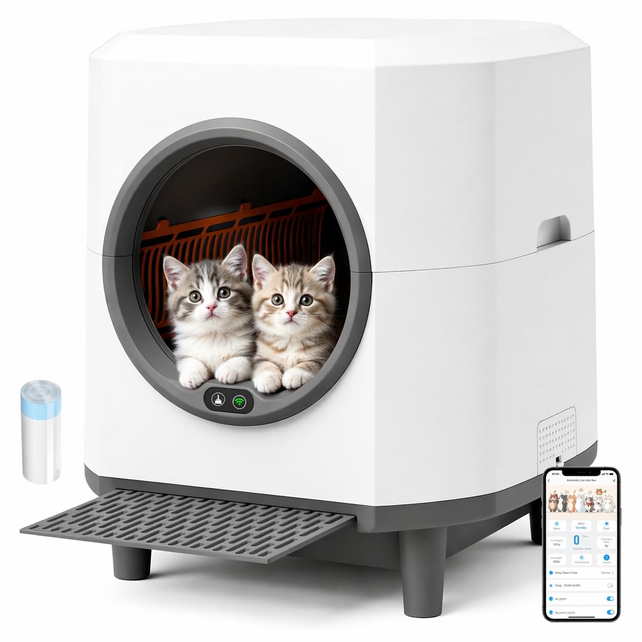 90L Selbstreinigendes Katzenklo, App-Steuerung, 10 Sensoren, Geruchskontrolle, Mehrkatzen, Müllbeutel, Weiß