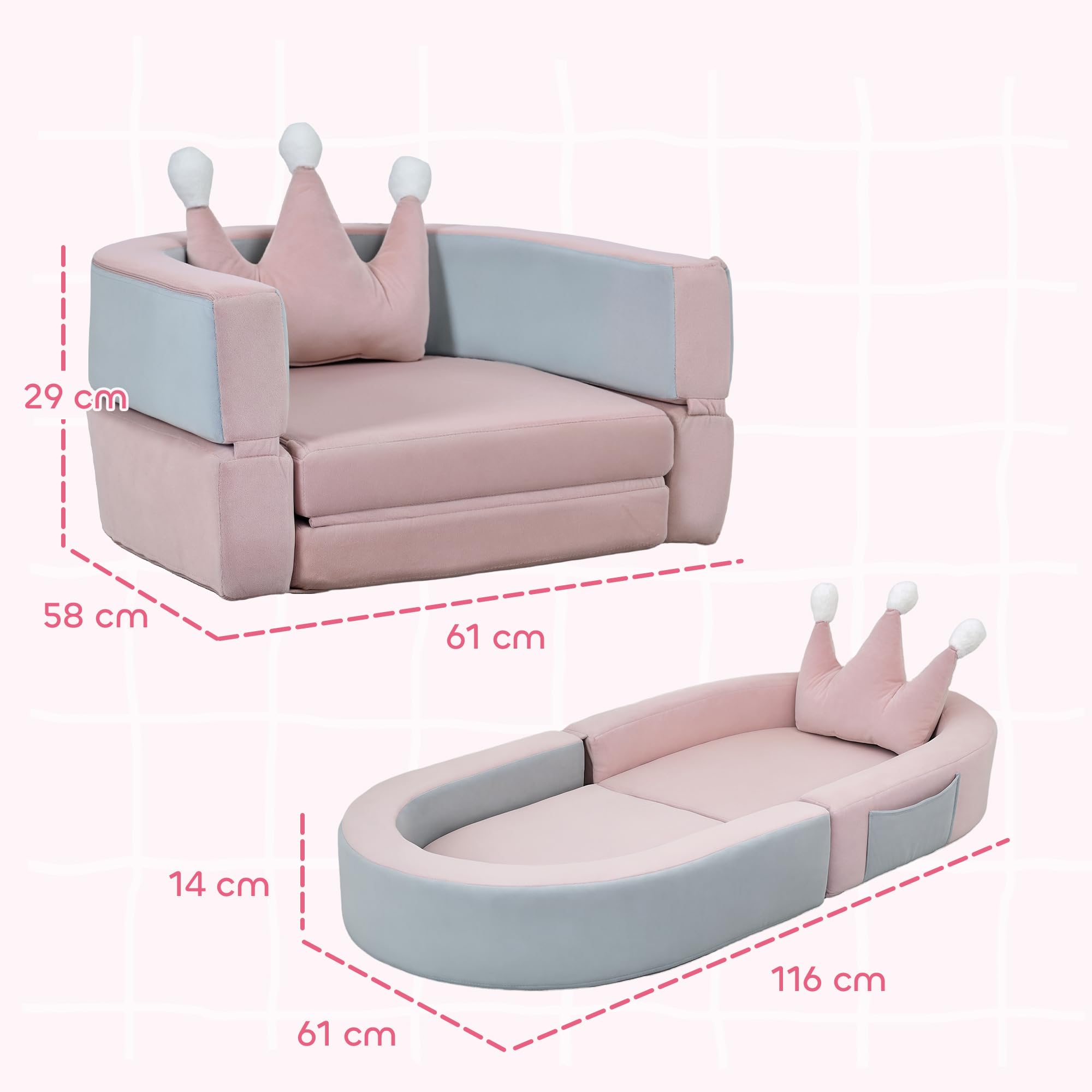 AIYAPLAY Sofá Infantil Convertible, Sofá para Niños con Cojín de Corona, Plegable en Cama y Zona de Juego, Tapizado de Terciopelo Suave, para Niños 18-36 Meses, Rosa y Azul Grisáceo