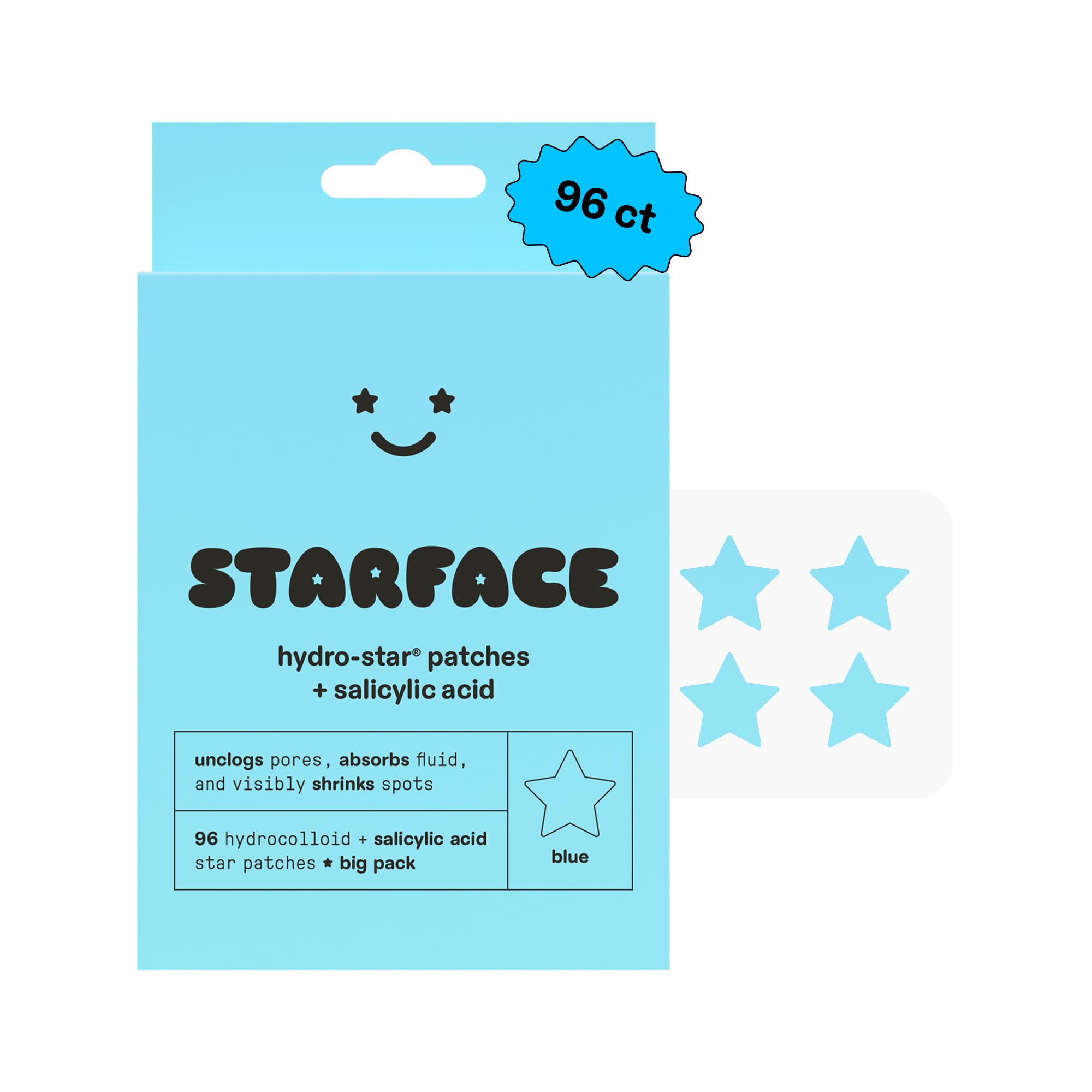 Starface Hydro-​Star + acido salicilico, confezione grande, cerotti idrocolloidali 1% leniscono e restringono macchie, a forma di stella (96 pezzi)