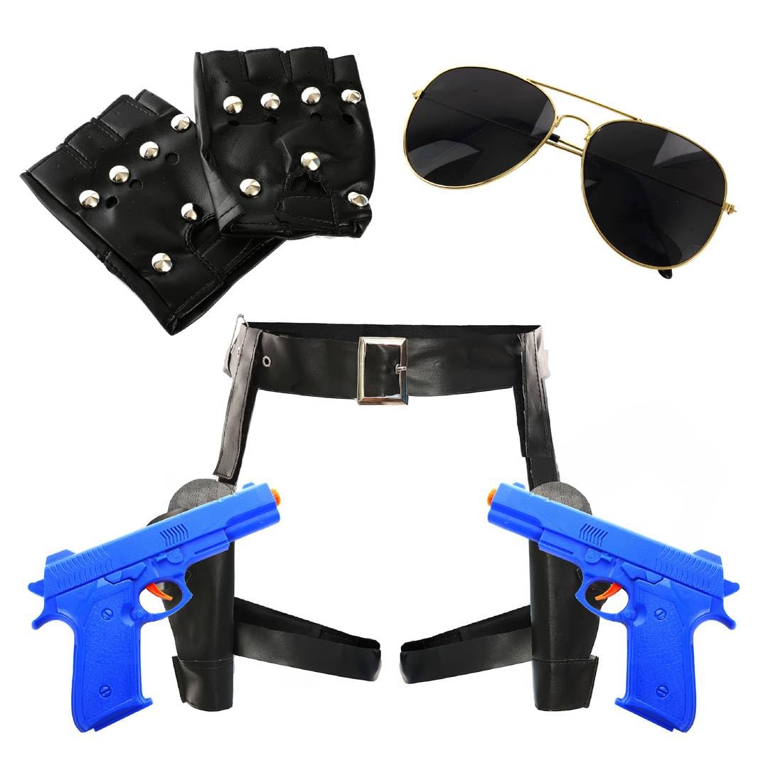 Adults Temple Raider Accessory Set - Black Gun Holster with Blue Guns, Studded Fingerless Gloves, Sunglasses - Ladies Womens TV Film Halloween Fancy Dress Costume