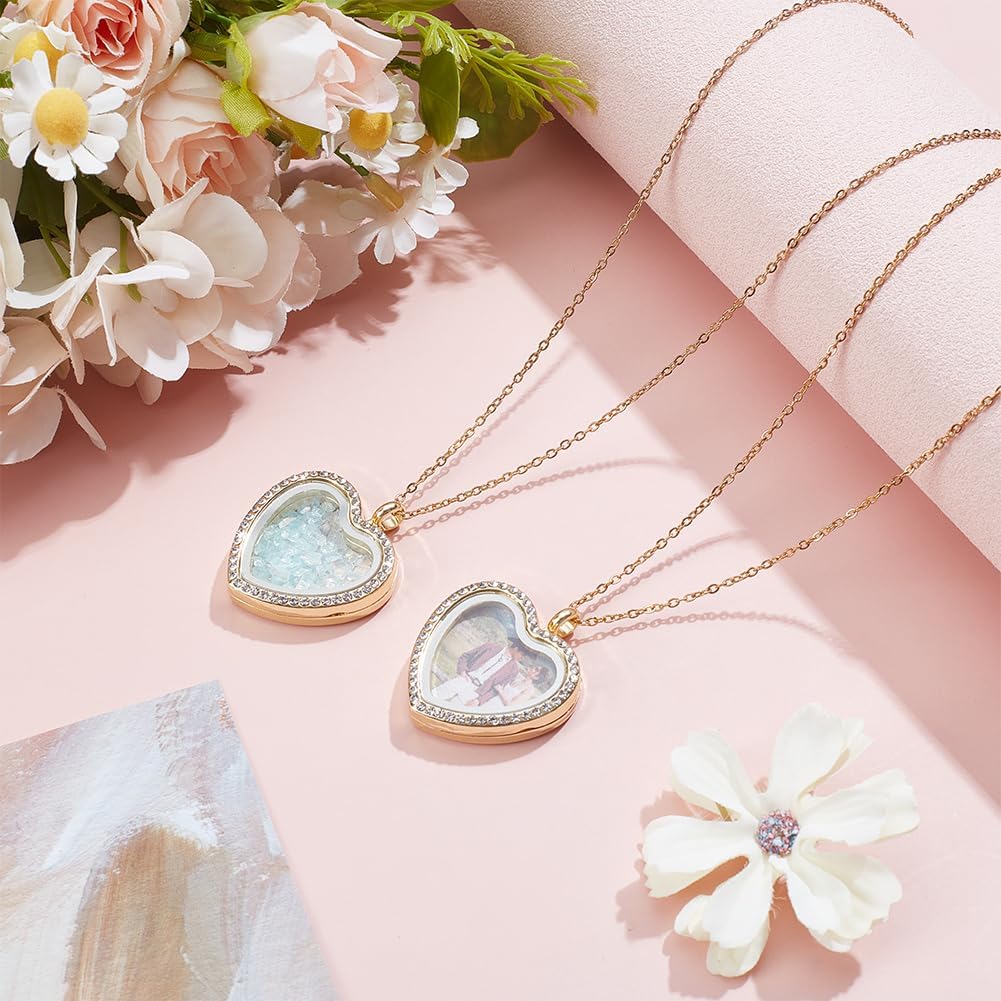 UNICRAFTALE Memory Locket Pendant Kit 2Pcs Heart Picture Locket Charm with 304 Stainless Steel Chains Golden Heart Bezel Photo Pendants Trays for DIY Necklace Gift 17.72 Inch